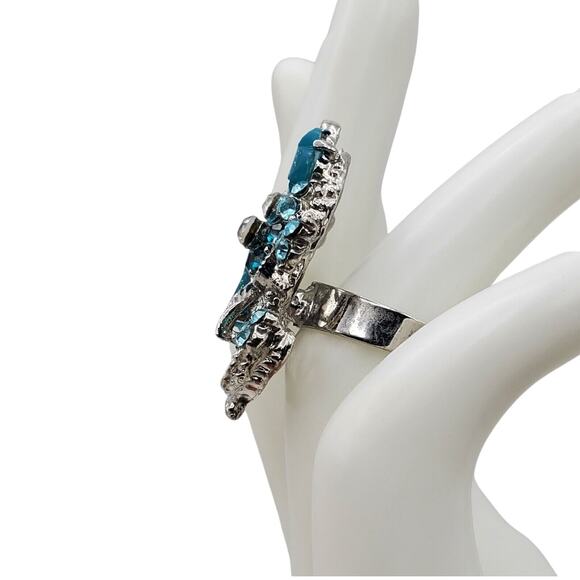 Flower Basket Ring Silver Tone Blue Turquoise Teal Rhinestones Adjustable Chunky - Picture 2 of 8
